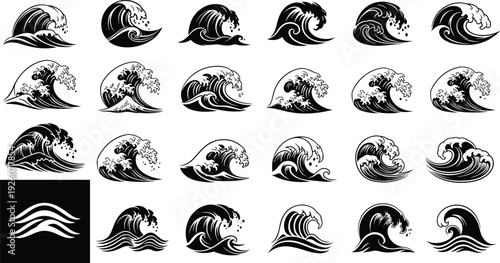 Ocean wave silhouette collection, Japanese style sea surf vintage engraving vector illustration black and white set