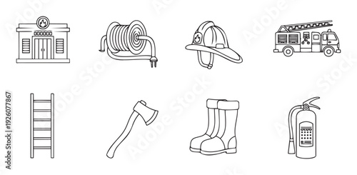 A useful collection of firefighting equipment and protective gear, featuring a fire truck, hose, helmet, and tools, suitable for public safety education and emergency preparedness programs.
