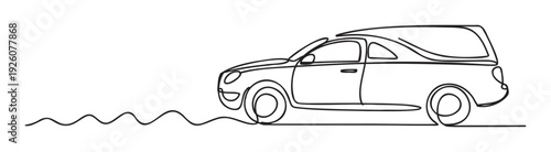 Continuous line drawing of a modern compact utility vehicle with an enclosed cargo bed, showing a smooth wavy path, perfect for transportation marketing, automotive branding, or minimalist
