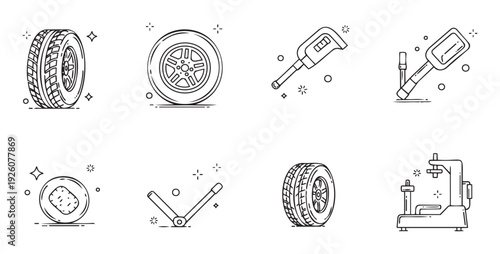 Comprehensive set of automotive icons depicting various car tires and essential tools for vehicle wheel maintenance and professional tire repair services
