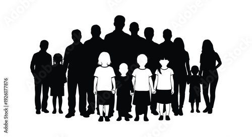 A silhouette of a family group including children and adults depicted in black and white