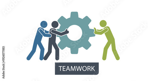 Teamwork concept with people pushing a gear symbolizing collaboration and success