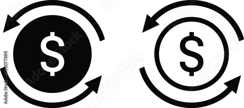 Black and white dollar sign coin with circular arrows icon on white background money currency