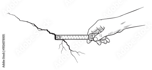 Hand accurately measuring a crack with a tape measure, symbolizing detailed inspection and damage assessment for building maintenance and renovation projects.