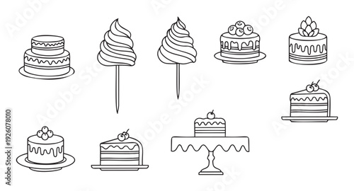 Outline drawings of assorted delicious desserts including tiered cakes, ice cream cones, and cake slices suitable for culinary publications or event decor