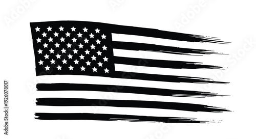 Stylized black and white illustration of the american flag with brushstroke effect