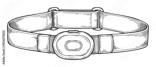 Detailed line drawing of a modern headlamp, an essential piece of equipment for illuminating paths during outdoor adventures like camping, hiking, or handsfree work in dark environments.