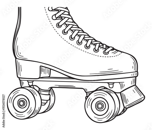Black and white outline drawing of a classic quad roller skate with laces and wheels, perfect for childrens coloring books, vintage themed posters, or active lifestyle apparel graphics.