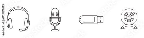 Collection of essential digital communication and storage technology devices including a headset, a studio microphone, a USB flash drive, and a webcam for modern office and online media.