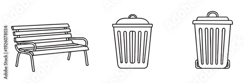 Graphic illustration featuring essential public park furniture including a comfortable slatted bench and two different views of a functional refuse bin, suitable for web application