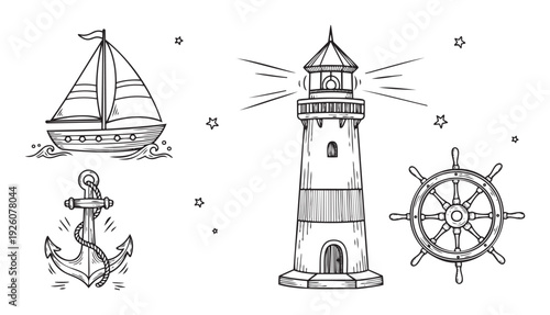 Nautical adventure collection featuring a towering lighthouse, a graceful sailboat, a sturdy anchor, and a classic ships wheel, perfect for maritime themed projects and decorations.