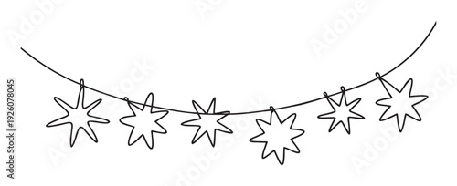Minimalist continuous line art depicting a decorative string of handdrawn stars, perfect for enhancing festive designs, celestial motifs, celebration graphics, and various seasonal creative