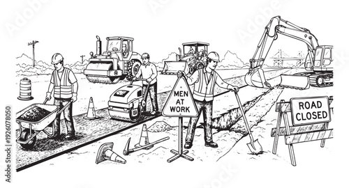 Workers performing road construction with various heavy equipment, including a compactor and digger, under Men at Work and Road Closed signs for safety.