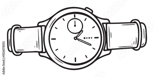 Precisely executed line drawing of a sophisticated analog wristwatch featuring a round dial and functional subdial, ideal for presentations, product showcases, or horologythemed