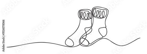 Minimalist continuous line drawing showcasing two cozy socks, ideal for childrens fashion branding, nursery room decoration, or heartwarming family themed projects.