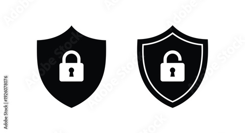 Two black shield icons with a padlock representing security and protection