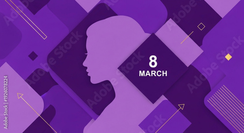 International women's day march 8 purple background with silhouette of a woman geometric shapes and symbols