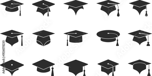 Collection of fifteen black silhouette graduation cap icons in various styles Keywords: graduation cap, mortarboard, academic