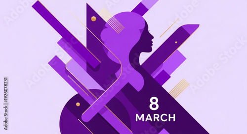 International women's day on march 8th purple silhouette of a woman with geometric shapes and date