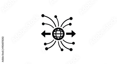 Black silhouette of a globe with radiating lines and opposing arrows