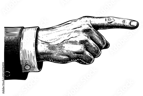Engraving art, a sketch of a hand with the index finger extended pointing forward.