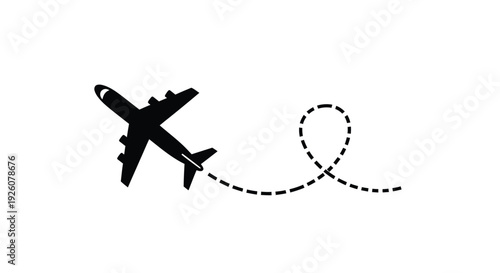 Simple graphic of an airplane and its flight path shown in black and white