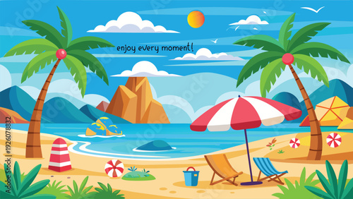 Tropical beach scene with palm trees beach and chairs 