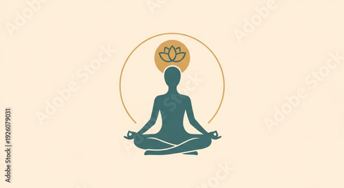 Meditating Person with Lotus Flower Aura Silhouette on Beige Background