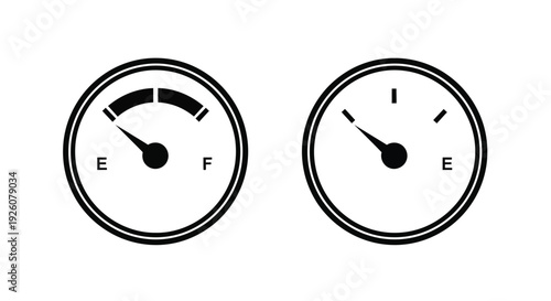 Two fuel gauges displaying different levels one near empty