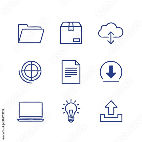 Collection of nine distinct line art icons representing various concepts.