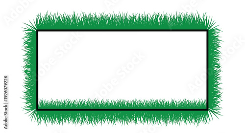 A rectangular white space framed by a black border and vibrant green grass