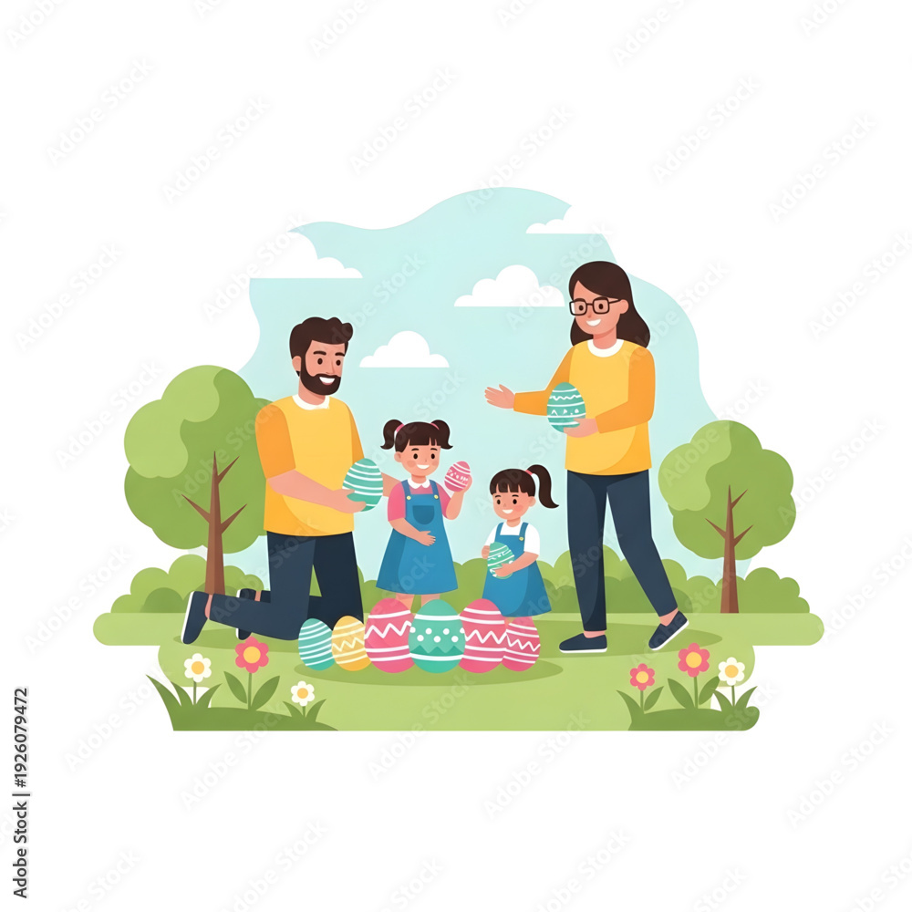 Fototapeta premium Family Decorating Easter Eggs Together in Spring Park Illustration