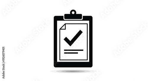 Black clipboard icon with a checkmark indicating task completion or approval