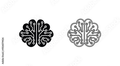 Two stylized brain hemispheres with integrated circuit patterns