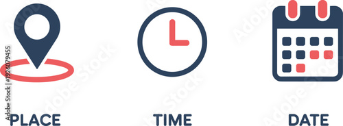 Location Pin Clock and Calendar Icons Representing Place Time and Date location pin icon map marker