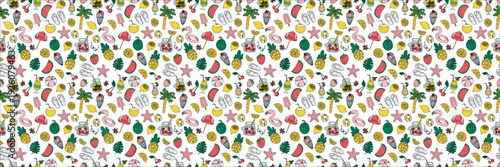 Summer pattern with tropical fruits flamingos and palm 