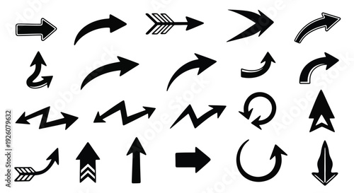 Collection of various black arrow shapes and directional indicators