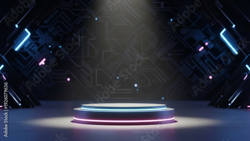 Futuristic stage with a glowing neon podium and abstract circuit background for high-tech product displays and virtual events.