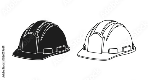 Two construction helmets one dark and one light shown in outline style