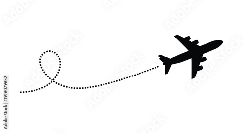 A black silhouette of an airplane following a dotted flight path