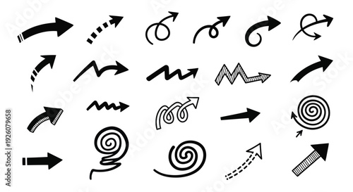 Collection of various black arrow and swirl doodle shapes