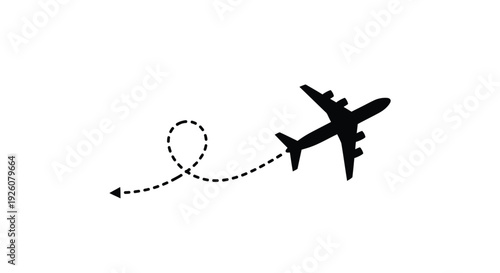 Airplane flight path illustration with dotted trail on a white background