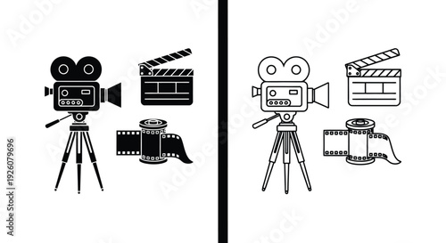 Black and white illustrations of vintage film cameras and clapperboards