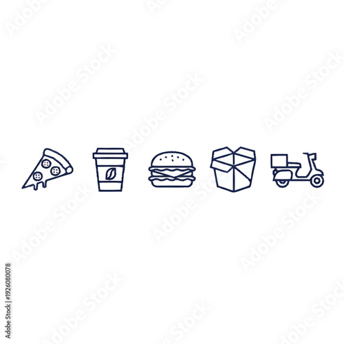 Set of icons representing food delivery services and fast food items.