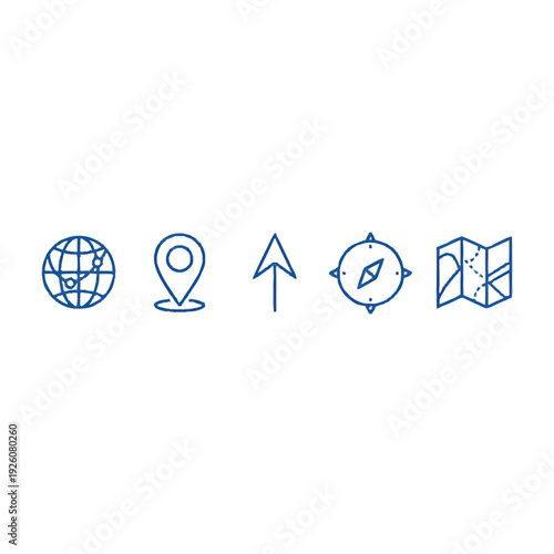Set of navigation and travel icons including globe, map pin, arrow, compass, and map.