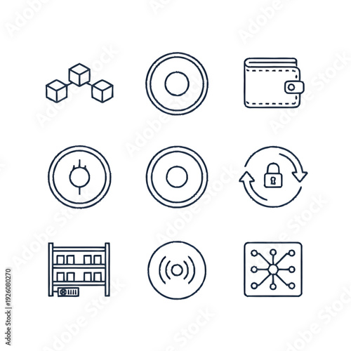 Set of nine icons representing blockchain and cryptocurrency concepts.