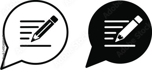 Speech bubble with pencil writing icon in black and white on white background Keywords: speech bubble, chat bubble, message