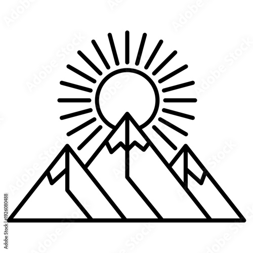 Mountain range and sun line art icon