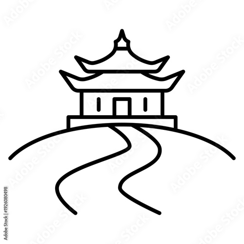Japanese pagoda temple on hill line art icon