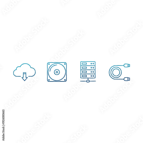 Set of Technology Icons Representing Cloud Storage Data Transfer and Servers.